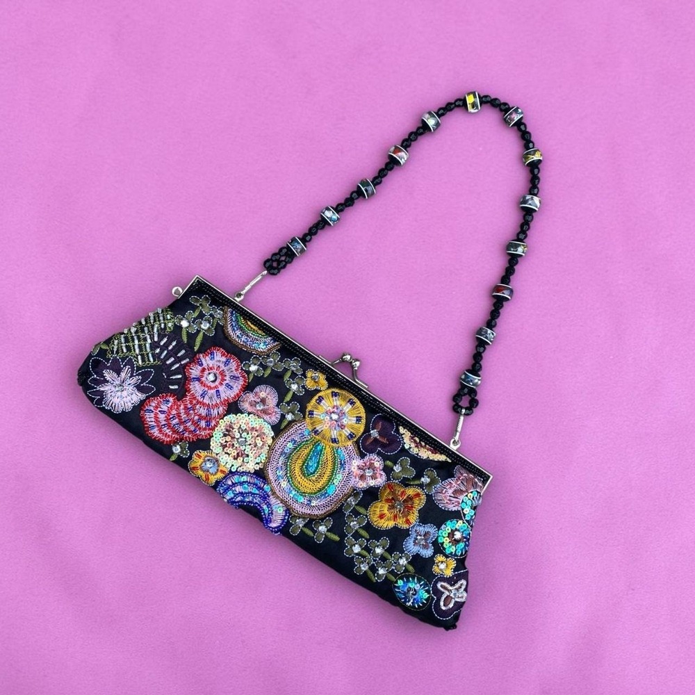 Vintage Beaded Embroidered Floral Kiss Lock Evening Bag Clutch Y2K 90s